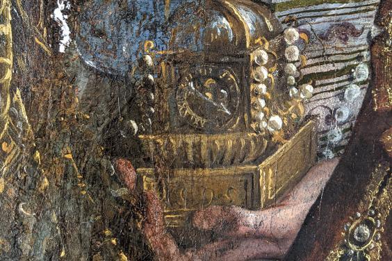 A hand holding a clock in Fontana's painting