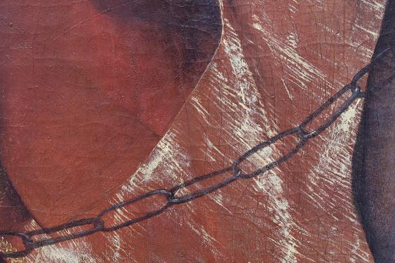 Detail of a painting showing red fabric and a black chain
