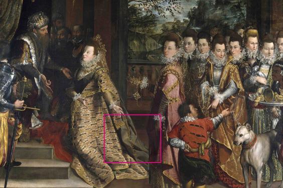 Pink rectangle highlighting Queen of Sheba's silk train.