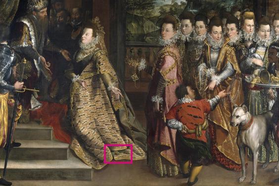 Pink rectangle on Queen of Sheba's robe showing location of green malachite pigment