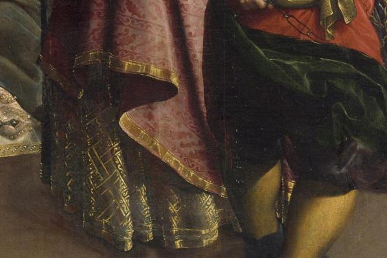 Detail of painting showing an elaborate gold embroidered dress