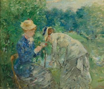 An impressionistic painting showing two women in a leafy park. Both wear hats. One, dressed in a blue jacket, sits on a chair. The other bends down tending to some flowers.