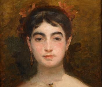 An oil portrait of a woman (head and shoulders). She has dark hair with red decorations in it, and wears long earrings and a large necklace. She's dressed in a white off the shoulder dress. 