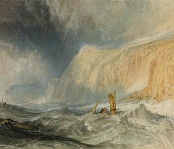 A watercolour painting of a stormy sea, with a ship being tossed on the waves. The dark sky is illuminated by shafts of light.