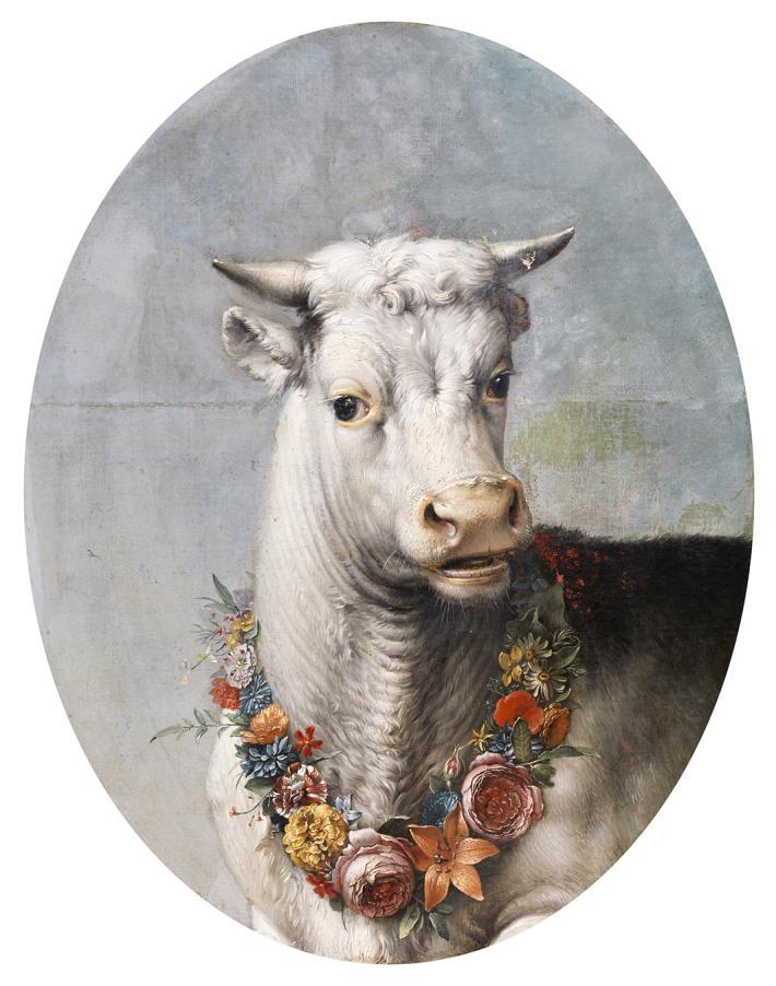 Painting of the head of a white bull wearing a floral garland.